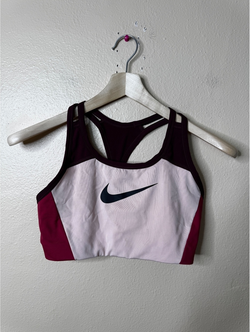 Nike Womens L Dri-FIT Sports Bra Pink Burgundy Racerback Swoosh Logo